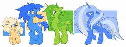 Size: 2048x758 | Tagged: safe, artist:tricky_cannon, derpibooru import, ponified, alicorn, pony, unicorn, battle for dream island, blonde mane, blue coat, blue mane, cream coat, green coat, green mane, horn, image, jpeg, tan coat