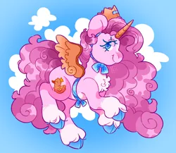 Size: 2048x1778 | Tagged: safe, artist:cocopudu, derpibooru import, oc, oc:princess wannabe, unofficial characters only, earth pony, pony, alicorn costume, blaze (coat marking), blue hooves, cardboard wings, chest fluff, clothes, cloud, cloven hooves, coat markings, costume, facial markings, fake horn, fake wings, female, fluffy mane, gradient background, image, looking at you, mare, pale belly, paper crown, png, signature, sky background, smiling, smiling at you, socks (coat marking), solo