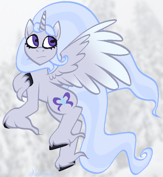 Size: 665x723 | Tagged: safe, artist:kharmacal, derpibooru import, oc, oc:silver storm, unofficial characters only, alicorn, pony, alicorn oc, colored wings, fanart, flowing hair, gradient wings, horn, image, looking offscreen, png, solo, two toned hair, unshorn fetlocks, wings