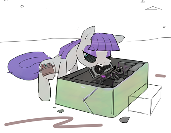 Size: 561x438 | Tagged: safe, artist:anonymous, derpibooru import, maud pie, earth pony, pony, g4, building, cable, computer, drawthread, female, graphics card, image, lying down, mare, missing accessory, mouth hold, png, requested art, side, solo