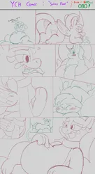 Size: 3000x5500 | Tagged: safe, artist:rupert, derpibooru import, sphinx (character), unnamed character, oc, unnamed oc, sphinx, g4, belly, belly poke, blushing, butt, comic, commission, emanata, eyes closed, featureless crotch, female, grin, heart, image, lying down, plot, png, poking, prone, sketch, smiling, stomach noise, swallowing, tail, teeth, throat bulge, tongue out, uvula, vore, ych sketch, your character here