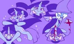 Size: 1185x708 | Tagged: semi-grimdark, artist:tricky_cannon, derpibooru import, trixie, oc, oc:flawless sparklemoon, pony, unicorn, g4, blood, female, fusion, fusion:trixie, fusion:twilight sparkle, fusion:twixie, grin, hat, horn, image, impalement, jpeg, mare, my little pony the movie: the death of twilight sparkle, open mouth, open smile, purple background, simple background, smiling, top hat