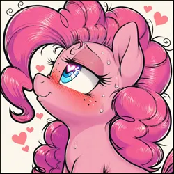 Size: 1024x1024 | Tagged: suggestive, ai content, derpibooru import, machine learning generated, prompter:wankscorpio, stable diffusion, pinkie pie, earth pony, pony, g4, blushing, blushing profusely, female, floating heart, generator:pony diffusion v6 xl, heart, heart eyes, image, implied hypnosis, implied mind control, png, solo, solo female, wingding eyes