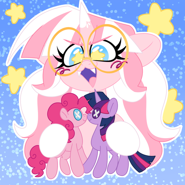 Size: 2000x2000 | Tagged: safe, artist:ladylullabystar, derpibooru import, pinkie pie, twilight sparkle, oc, alicorn, earth pony, unicorn, button eyes, doll, excited, female, horn, image, lesbian, now kiss, png, shipping, simple background, starry eyes, toy, twinkie, wingding eyes