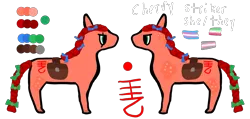 Size: 4200x2000 | Tagged: safe, artist:apple, derpibooru import, oc, oc:cherry striker, ponified, unofficial characters only, earth pony, pony, bag, both cutie marks, bow, braid, braided tail, coat markings, colored hooves, dappled, eye scar, facial scar, hair bow, hooves, image, png, pride, pride flag, rain world, saddle bag, scar, tail, tail bow