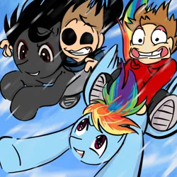 Size: 1000x1000 | Tagged: safe, artist:0liiver, derpibooru import, rainbow dash, oc, oc:basil (0liiver), bat pony, human, pegasus, pony, eddsworld, flying, image, png, tom (eddsworld), tord (eddsworld)