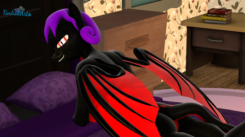 Size: 1920x1080 | Tagged: suggestive, artist:midnightarts, ponerpics import, oc, unofficial characters only, anthro, bat pony, 3d, bat pony oc, bat wings, bed, bedroom, breasts, female, image, lying down, on bed, png, prone, wings