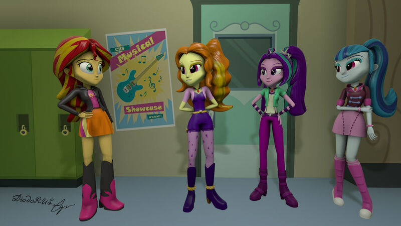 Size: 1024x576 | Tagged: safe, artist:diod0rus, derpibooru import, adagio dazzle, aria blaze, sonata dusk, sunset shimmer, siren, equestria girls, g4, rainbow rocks, 3d, boots, canterlot high, cgi, clothes, cutie mark, cutie mark on clothes, door, eyeshadow, gem, hair accessory, hallway, hand on hip, hands behind back, hands on hip, high heel boots, holding arms, image, indoors, jpeg, lockers, makeup, open jacket, pants, pigtails, ponytail, poster, scene interpretation, shirt, shoes, signature, siren gem, skirt, smiling, standing, the dazzlings, twintails