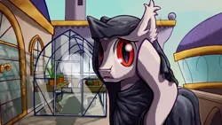 Size: 2880x1620 | Tagged: safe, artist:badday, oc, oc:alabaster comethoof, bat pony, bat pony unicorn, hybrid, pony, unicorn, albino, background, bat pony oc, bat wings, cloak, clothes, ear fluff, fanfic art, greenhouse, horn, image, looking at you, male, plant, png, slit pupils, solo, stallion, wings, worried, worried look