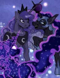 Size: 640x826 | Tagged: source needed, safe, artist:its-shrimple, derpibooru import, nightmare moon, princess luna, tantabus, alicorn, pony, g4, cutie mark, ethereal mane, female, horn, horn impalement, image, jewelry, jpeg, mare, obtrusive watermark, regalia, starry mane, triality, watermark