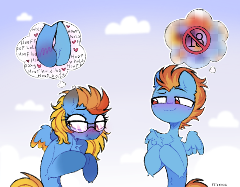 Size: 780x610 | Tagged: oc name needed, safe, alternate version, artist:flixanoa, derpibooru import, part of a set, oc, oc:samudash, unofficial characters only, pegasus, pony, agender, alternate character, alternate versions at source, belly fluff, big eyes, blue coat, blush lines, blush scribble, blushing, censored, chest fluff, coat markings, colored eartips, colored wings, colored wingtips, commission, duo, eyebrows, eyebrows visible through hair, eyelashes, facial markings, glasses, gradient background, gradient legs, gradient wings, gradient wingtips, grin, hock fluff, holding hooves, hoof blush, hooves together, human shoulders, image, lewd thoughts, lidded eyes, looking at someone, looking away, looking down, multicolored mane, nervous, nervous grin, oc x oc, orange mane, orange tail, outline, pegasus oc, png, raised eyebrow, red eyes, shipping, shoulder fluff, signature, sky background, slender, small wings, smiling, smiling at someone, snip (coat marking), socks (coat marking), spiky mane, spread wings, sweat, tail, thin, thinking, thought bubble, three toned wings, two toned mane, two toned wingtips, wavy mouth, wing fluff, wings, ych result, yellow eyes