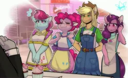 Size: 4108x2530 | Tagged: safe, artist:mrottii, derpibooru import, applejack, cup cake, pinkie pie, sugar belle, anthro, earth pony, pony, unicorn, g4, apron, baking competition, blushing, clothes, cupcake, cupcake wars, emanata, eyes closed, female, food, frown, high res, horn, image, jpeg, lidded eyes, mare, my little pony, nervous, offscreen character, overalls, plewds, smiling, sweat, sweatdrop