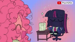 Size: 1166x649 | Tagged: safe, artist:psych2go, derpibooru import, pinkie pie, twilight sparkle, human, equestria girls, g4, :3, abstract background, alternate color palette, blushing, chair, clothes, cute, desk, diapinkes, eyes closed, happy, image, necktie, pink hair, pink skin, png, purple hair, purple skin, sitting, stack of papers, suit, sweater, three toned hair, twiabetes