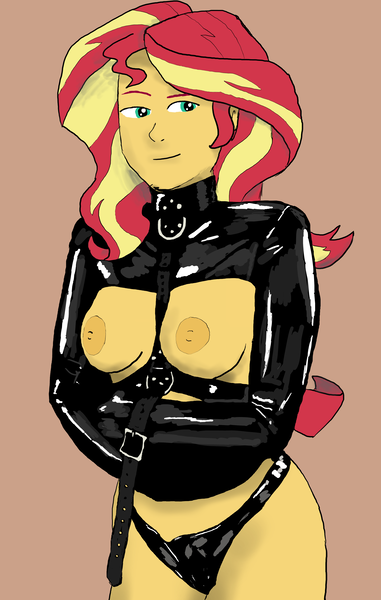 Size: 2771x4368 | Tagged: questionable, artist:blwaxwing, derpibooru import, sunset shimmer, human, equestria girls, g4, bondage, breasts, clothes, exposed breasts, female, image, latex, latex panties, nipples, nudity, panties, png, smiling, solo, solo female, straitjacket, trace, underwear