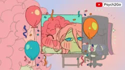 Size: 1156x652 | Tagged: safe, artist:psych2go, derpibooru import, fluttershy, pinkie pie, twilight sparkle, human, equestria girls, g4, :3, abstract background, alternate color palette, balloon, blushing, chair, clothes, confetti, cute, diapinkes, eyes closed, happy, image, lidded eyes, pink hair, pink skin, png, purple hair, purple skin, shyabetes, sitting, smiling, suit, sweater, tanktop, teal eyes, twiabetes, yellow skin