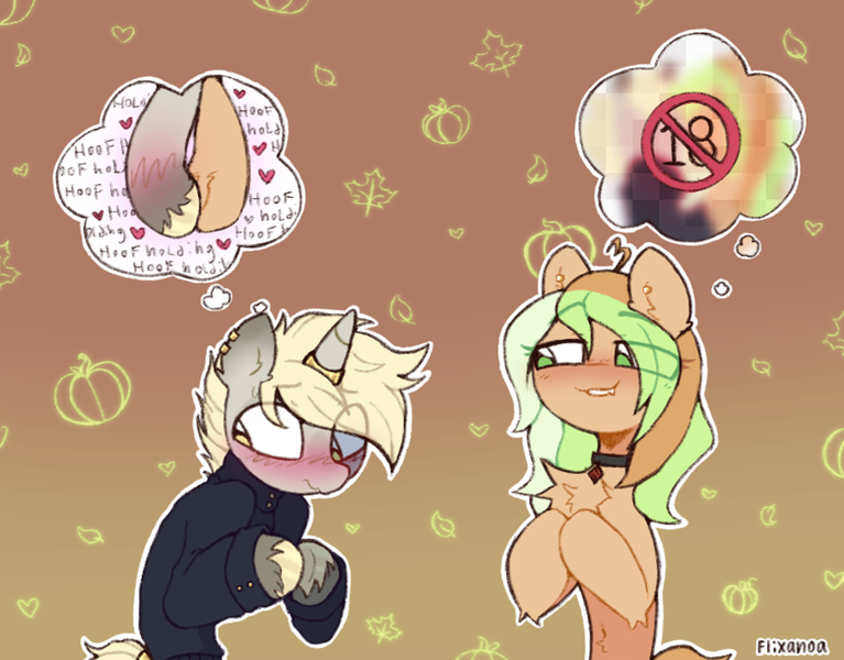 Size: 780x610 | Tagged: safe, alternate version, artist:flixanoa, derpibooru import, part of a set, oc, oc:gilded, oc:pumpkin twist, unofficial characters only, earth pony, pony, unicorn, ahoge, alternate character, alternate versions at source, belly fluff, big eyes, blonde mane, blonde tail, blush lines, blush scribble, blushing, censored, chest fluff, choker, clothes, coat markings, colored eartips, colored hooves, commission, duo, ear fluff, ear piercing, earring, earth pony oc, eye clipping through hair, eyebrows, eyebrows visible through hair, eyelashes, fangs, female, female oc, frown, gakuran, gradient background, gradient ears, gradient legs, green eyes, green mane, heart ahoge, hock fluff, holding hooves, hoof blush, hooves, hooves together, horn, horn ring, human shoulders, image, jewelry, lewd thoughts, lidded eyes, looking at someone, looking away, male, male oc, mare, mare oc, nervous, oc x oc, orange coat, orange tail, outline, patterned background, piercing, png, raised eyebrow, ring, school uniform, shiny hooves, shipping, shoulder fluff, signature, slender, smiling, smiling at someone, socks (coat marking), stallion, stallion oc, straight, sweat, tail, tan coat, thick horn, thin, thinking, thought bubble, three toned mane, unicorn horn, unicorn oc, unshorn fetlocks, wavy mouth, ych result, yellow eyes, yellow hooves