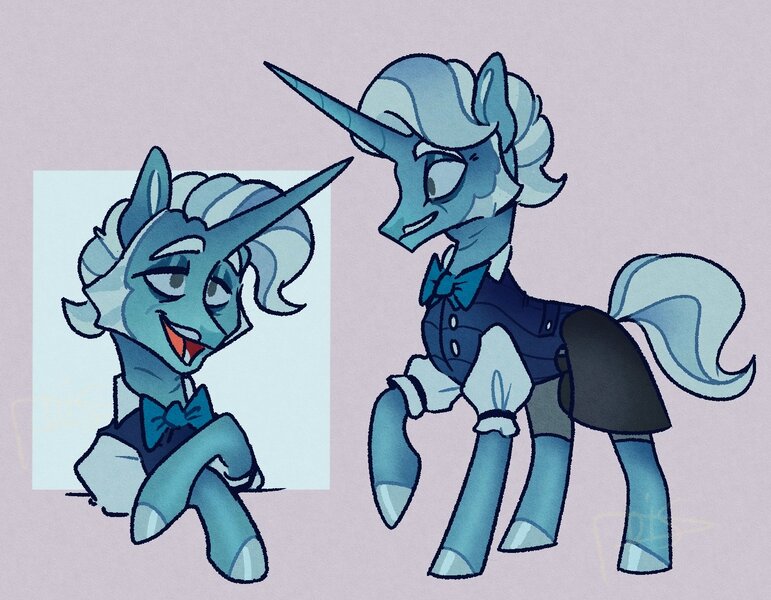 Size: 1441x1121 | Tagged: safe, artist:disaterror, derpibooru import, oc, oc:ice shot, unofficial characters only, pony, unicorn, fallout equestria, bags under eyes, blue coat, blue eyeshadow, blue hooves, blue mane, blue sclera, blue tail, bowtie, clothes, collared shirt, colored eyebrows, colored hooves, colored pinnae, colored sclera, crossed hooves, duality, eyeshadow, facial hair, gray background, gray eyes, hooves, horn, image, jpeg, lidded eyes, long horn, makeup, male, male oc, moustache, muttonchops, no catchlights, no pupils, noise, not jack pot, open mouth, open smile, passepartout, pre-war, profile, raised hoof, requested art, shiny hooves, shirt, shorts, simple background, smiling, stallion, stallion oc, standing, tail, thin, three quarter view, two toned mane, two toned tail, unicorn horn, unicorn oc, uniform, vest, white shirt