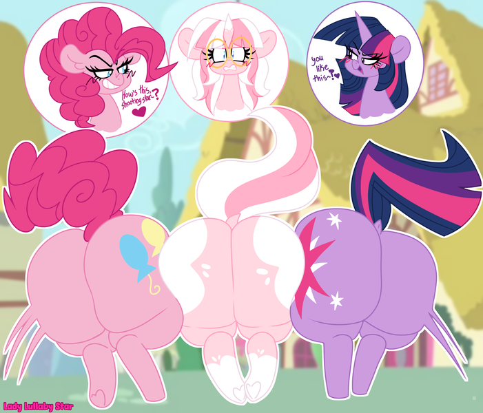 Size: 2848x2439 | Tagged: suggestive, artist:ladylullabystar, derpibooru import, pinkie pie, twilight sparkle, oc, oc:lady lullaby star, pony, unicorn, g4, balloonbutt, blurry background, blushing, butt, butt bump, canon x oc, dock, female, horn, huge butt, image, large butt, lesbian, line-up, mare, pink hair, plot, plotline, png, shocked, shocked expression, smiling, smirk, tail, the ass was fat, trio, trio female, twibutt