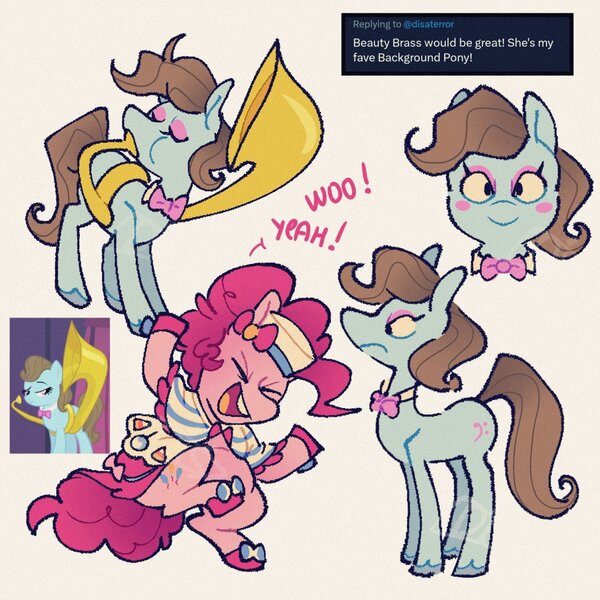 Size: 1500x1500 | Tagged: safe, artist:disaterror, derpibooru import, beauty brass, pinkie pie, earth pony, pony, g4, the best night ever, bipedal, blue coat, blush sticker, blushing, bowtie, brown mane, brown tail, chubby, clothes, colored hooves, curly mane, curly tail, dancing, dialogue, dress, duo, duo female, eyebrows, eyelashes, eyes closed, eyeshadow, female, frilly dress, frown, gala dress, gown, gradient mane, gradient tail, gray hooves, hat, hoof shoes, hooves, image, jpeg, long legs, looking at you, looking away, makeup, mare, musical instrument, my little pony, narrowed eyes, open mouth, open smile, physique difference, pink coat, pink eyeshadow, pink hooves, pink mane, pink tail, pink text, pinkie pie's first gala dress, raised eyebrow, requested art, screencap reference, smiling, smiling at you, solo focus, standing, standing on one leg, tail, talking, thin, tuba, unshorn fetlocks