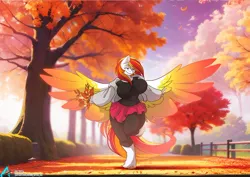 Size: 1100x779 | Tagged: safe, artist:arctic-fox, derpibooru import, oc, unofficial characters only, anthro, pegasus, unguligrade anthro, autumn, big breasts, breasts, busty oc, clothes, colored wings, colored wingtips, eye clipping through hair, falling leaves, gradient wings, huge breasts, image, jpeg, large butt, large wings, leaf, leaves, pegasus oc, skirt, smiling, spread wings, standing, standing on one leg, sunlight, sunset, sweater, unshorn fetlocks, wide hips, wings