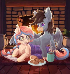 Size: 3647x3850 | Tagged: safe, artist:sharkita, derpibooru import, oc, oc:dracey, oc:luxor, classical hippogriff, hippogriff, pegasus, blanket, book, braid, carpet, chest fluff, chocolate, commission, cookie, ear fluff, fireplace, food, glasses, hippogriff oc, hot chocolate, image, indoors, looking at each other, looking at someone, lying down, open mouth, pegasus oc, plant pot, png, single fang, two toned mane, unshorn fetlocks, wings, ych result