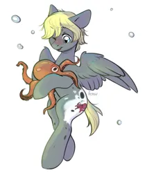 Size: 2539x3000 | Tagged: safe, artist:fensu-san, derpibooru import, oc, unofficial characters only, octopus, pegasus, pony, blushing, bubble, high res, image, one eye closed, open mouth, partially open wings, pegasus oc, png, simple background, solo, white background, wings