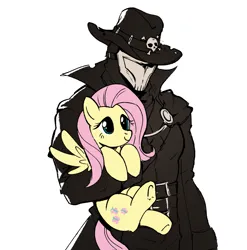 Size: 1561x1580 | Tagged: safe, artist:xen-on-x, derpibooru import, fluttershy, human, pegasus, pony, clothes, female, hat, holding a pony, image, mare, mask, png, simple background, trenchcoat, white background