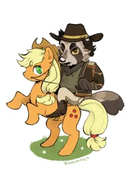 Size: 1344x1758 | Tagged: safe, artist:entomoleja, derpibooru import, applejack, earth pony, pony, tanooki, bridle, cowboy, furry, image, looking at you, png, rearing, riding, riding a pony, simple background, tack, white background