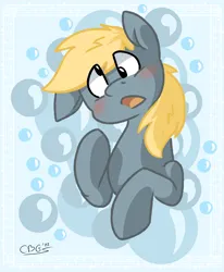 Size: 1587x1926 | Tagged: safe, artist:derpydoodesigns, artist:derpydooreviews, derpibooru import, derpy hooves, pony, g4, blushing, bubble, bust, confused, cutie mark background, female, image, mare, open mouth, png, solo