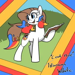 Size: 4000x4000 | Tagged: safe, artist:derpydoodesigns, artist:derpydooreviews, derpibooru import, oc, oc:titanium white, unofficial characters only, earth pony, pony, absurd resolution, artist, book, earth pony oc, female, holding, image, mare, open mouth, paint, paint in hair, png, smiling, solo