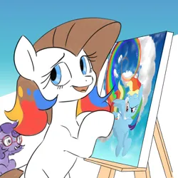 Size: 4000x4000 | Tagged: safe, artist:derpydoodesigns, artist:derpydooreviews, derpibooru import, rainbow dash, oc, oc:titanium white, earth pony, pegasus, pony, absurd resolution, artist, drawing, easel, embarrassed, female, image, mare, png, sitting