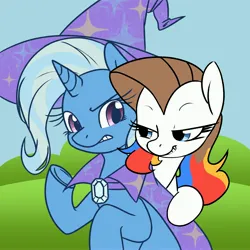 Size: 4000x4000 | Tagged: safe, artist:derpydoodesigns, artist:derpydooreviews, derpibooru import, trixie, oc, oc:titanium white, earth pony, pony, unicorn, g4, absurd resolution, annoyed, bust, cape, clothes, duo, female, hat, horn, image, jpeg, mare, sitting, smiling, smirk, trixie's cape, trixie's hat