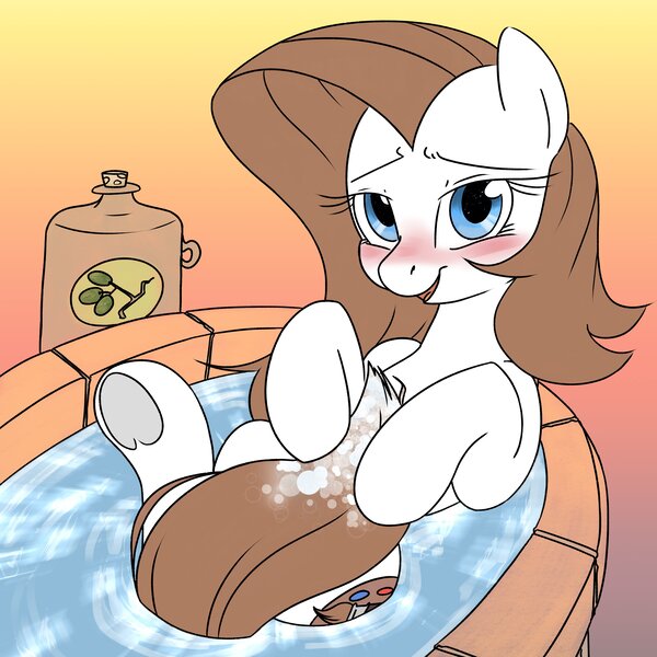 Size: 4096x4096 | Tagged: safe, artist:derpydoodesigns, artist:derpydooreviews, derpibooru import, oc, oc:titanium white, unofficial characters only, earth pony, pony, absurd resolution, bath, bathtub, blushing, covering, female, gradient background, image, jpeg, lying down, mare, on back, solo, tail, tail covering