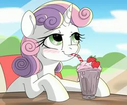 Size: 4096x3413 | Tagged: safe, artist:derpydoodesigns, artist:derpydooreviews, derpibooru import, sweetie belle, pony, unicorn, g4, blushing, bust, chair, drink, drinking straw, female, filly, foal, food, high res, horn, image, jpeg, milkshake, sitting, solo, straw, strawberry, table