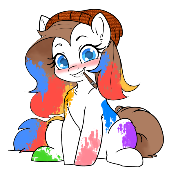 Size: 5000x5000 | Tagged: safe, artist:derpydoodesigns, artist:derpydooreviews, derpibooru import, oc, oc:titanium white, unofficial characters only, earth pony, pony, absurd resolution, beanie, blushing, female, grin, hat, image, looking at you, mare, mouth hold, paint in hair, paint on fur, paintbrush, png, simple background, sitting, smiling, solo, transparent background