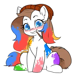 Size: 5000x5000 | Tagged: safe, artist:derpydoodesigns, artist:derpydooreviews, derpibooru import, oc, oc:titanium white, unofficial characters only, earth pony, pony, absurd resolution, beanie, blushing, female, grin, hat, image, looking at you, mare, mouth hold, paint in hair, paint on fur, paintbrush, png, simple background, sitting, smiling, solo, transparent background