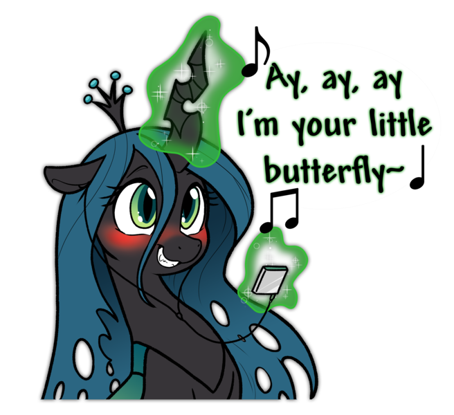 Size: 5796x5305 | Tagged: safe, artist:derpydoodesigns, artist:derpydooreviews, derpibooru import, queen chrysalis, changeling, changeling queen, g4, absurd resolution, blushing, bust, butterfly (song), cute, cutealis, earbuds, embarrassed, female, glow, glowing horn, grin, horn, image, levitation, magic, music, music player, png, simple background, smiling, solo, sticker, telekinesis, text, transparent background