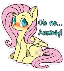 Size: 3888x4320 | Tagged: safe, alternate version, artist:derpydoodesigns, artist:derpydooreviews, derpibooru import, fluttershy, pegasus, pony, absurd resolution, anxiety, anxious, blushing, female, frown, image, mare, png, shrunken pupils, simple background, sitting, solo, sticker, text, transparent background