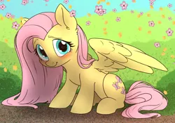 Size: 7016x4961 | Tagged: safe, alternate version, artist:derpydoodesigns, artist:derpydooreviews, derpibooru import, fluttershy, pegasus, pony, absurd resolution, blushing, cherry blossoms, cute, female, flower, flower blossom, image, looking at you, mare, outdoors, partially open wings, png, shyabetes, sitting, solo, wings