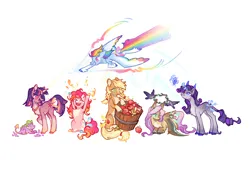 Size: 4000x3000 | Tagged: safe, artist:qpnnn, derpibooru import, applejack, fluttershy, pinkie pie, rainbow dash, rarity, spike, twilight sparkle, image, mane seven, mane six, png, simple background, white background