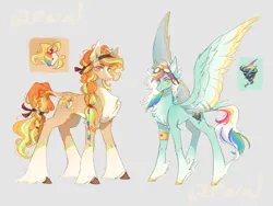 Size: 4000x3000 | Tagged: safe, artist:qpnnn, derpibooru import, oc, unofficial characters only, earth pony, pegasus, pony, chest fluff, feathered fetlocks, goggles, goggles on head, gray background, image, magical lesbian spawn, offspring, parent:applejack, parent:rainbow dash, parents:appledash, png, siblings, simple background, unshorn fetlocks