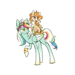 Size: 3000x3000 | Tagged: safe, artist:qpnnn, derpibooru import, oc, unofficial characters only, earth pony, pegasus, pony, blaze (coat marking), coat markings, duo, facial markings, goggles, goggles on head, image, magical lesbian spawn, offspring, parent:applejack, parent:rainbow dash, parents:appledash, png, ponies riding ponies, riding, riding a pony, siblings, simple background, white background