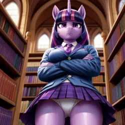 Size: 760x760 | Tagged: suggestive, ai content, derpibooru import, machine learning generated, prompter:dordrago, twilight sparkle, anthro, unicorn, g4, annoyed, book, bookshelf, breasts, busty twilight sparkle, clothes, crossed arms, female, frown, horn, image, library, looking at you, low angle, panties, panty shot, png, school uniform, skirt, solo, solo female, underwear, upskirt, white panties, white underwear