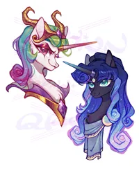 Size: 750x938 | Tagged: safe, artist:qpnnn, derpibooru import, idw, princess celestia, princess luna, pony, unicorn, reflections, spoiler:comic, artemis luna, bust, chest fluff, duo, evil celestia, evil counterpart, horn, image, mirror universe, png, simple background, solo, white background