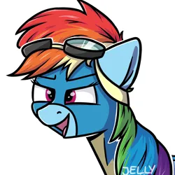 Size: 2000x2000 | Tagged: safe, artist:jellysiek, derpibooru import, rainbow dash, pegasus, pony, g4, clothes, female, goggles, goggles on head, high res, image, mare, open mouth, open smile, png, rainbow, simple background, smiling, solo, uniform, wonderbolts, wonderbolts uniform