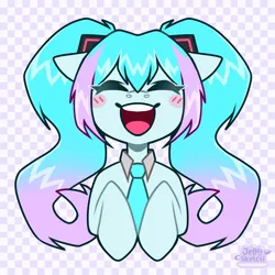 Size: 2894x2894 | Tagged: safe, artist:jellysiek, derpibooru import, earth pony, pony, anime, blush lines, blush sticker, blushing, checkered background, eyes closed, female, hatsune miku, image, mare, open mouth, open smile, png, smiling, solo, vocaloid