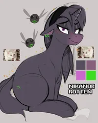 Size: 1600x2000 | Tagged: safe, artist:mtcerber, derpibooru import, oc, oc:nikanor rotten, unofficial characters only, earth pony, parasprite, pony, unicorn, blushing, ear piercing, earth pony oc, floppy ears, horn, image, looking at you, piercing, png, simple background, sitting, solo