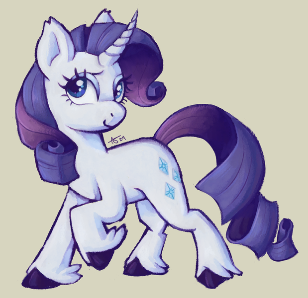 Size: 1765x1712 | Tagged: safe, artist:halfrobin, derpibooru import, rarity, pony, unicorn, curved horn, female, horn, image, mare, png, raised hoof, simple background, solo, turned head, unshorn fetlocks