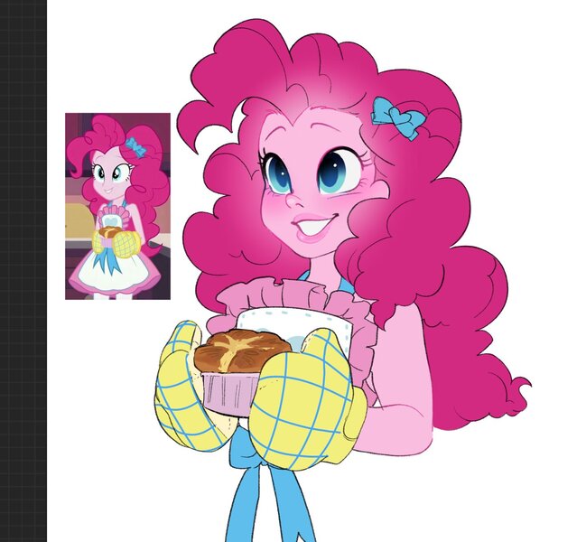 Size: 1439x1330 | Tagged: safe, artist:aztrial, derpibooru import, pinkie pie, human, equestria girls, g4, apron, bow, bust, clothes, female, grin, hair bow, image, jpeg, oven mitts, screencap reference, simple background, smiling, solo, souffle, white background