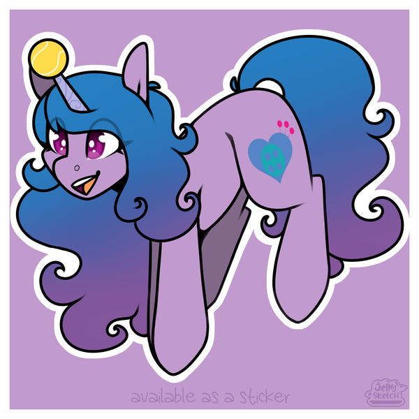 Size: 2894x2894 | Tagged: safe, artist:jellysiek, derpibooru import, izzy moonbow, pony, unicorn, g5, ball, eye clipping through hair, female, high res, horn, horn impalement, image, izzy's tennis ball, mare, open mouth, open smile, outline, png, smiling, solo, tail, tennis ball, white outline